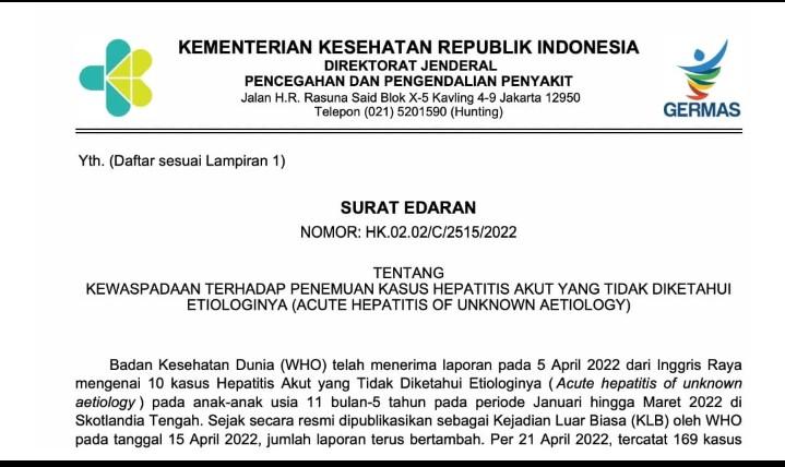  Kemenkes Terbitkan Edaran Kewaspadaan terhadap Penemuan Kasus Hepatitis Akut